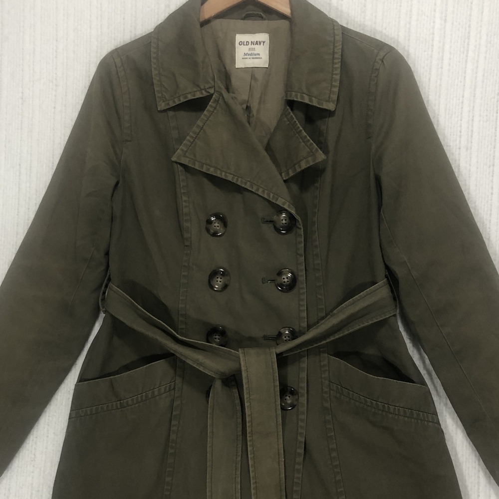 Old Navy Womens Olive Green Double Breasted Belted Trench Coat Medium Cotton